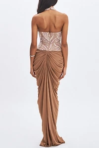 Miss Circle Nancie Beaded Halter Peplum Pleated Maxi Dress