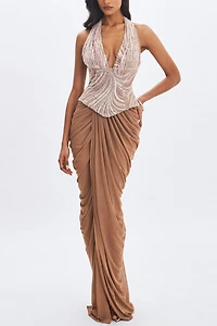 Miss Circle Nancie Beaded Halter Peplum Pleated Maxi Dress