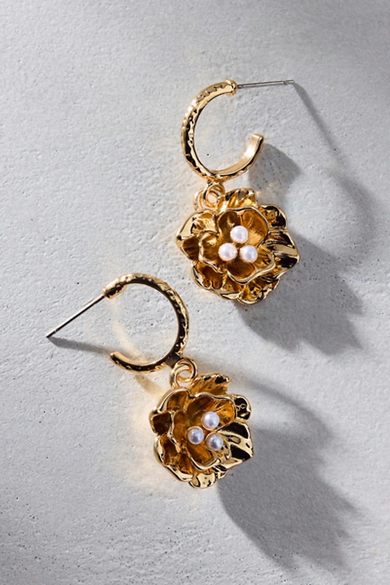 Pearl Floral Charm Hoop Earrings