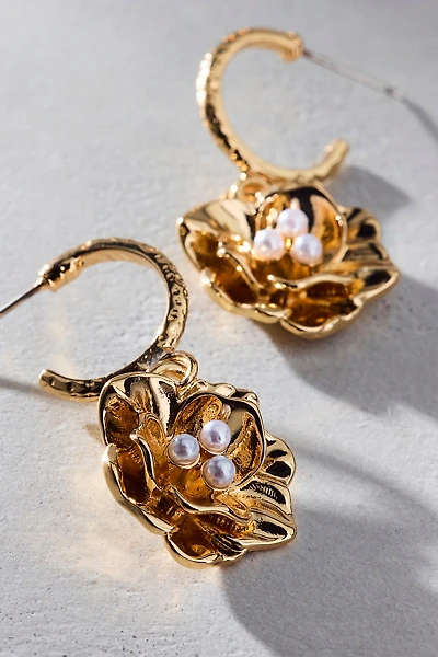 Pearl Floral Charm Hoop Earrings