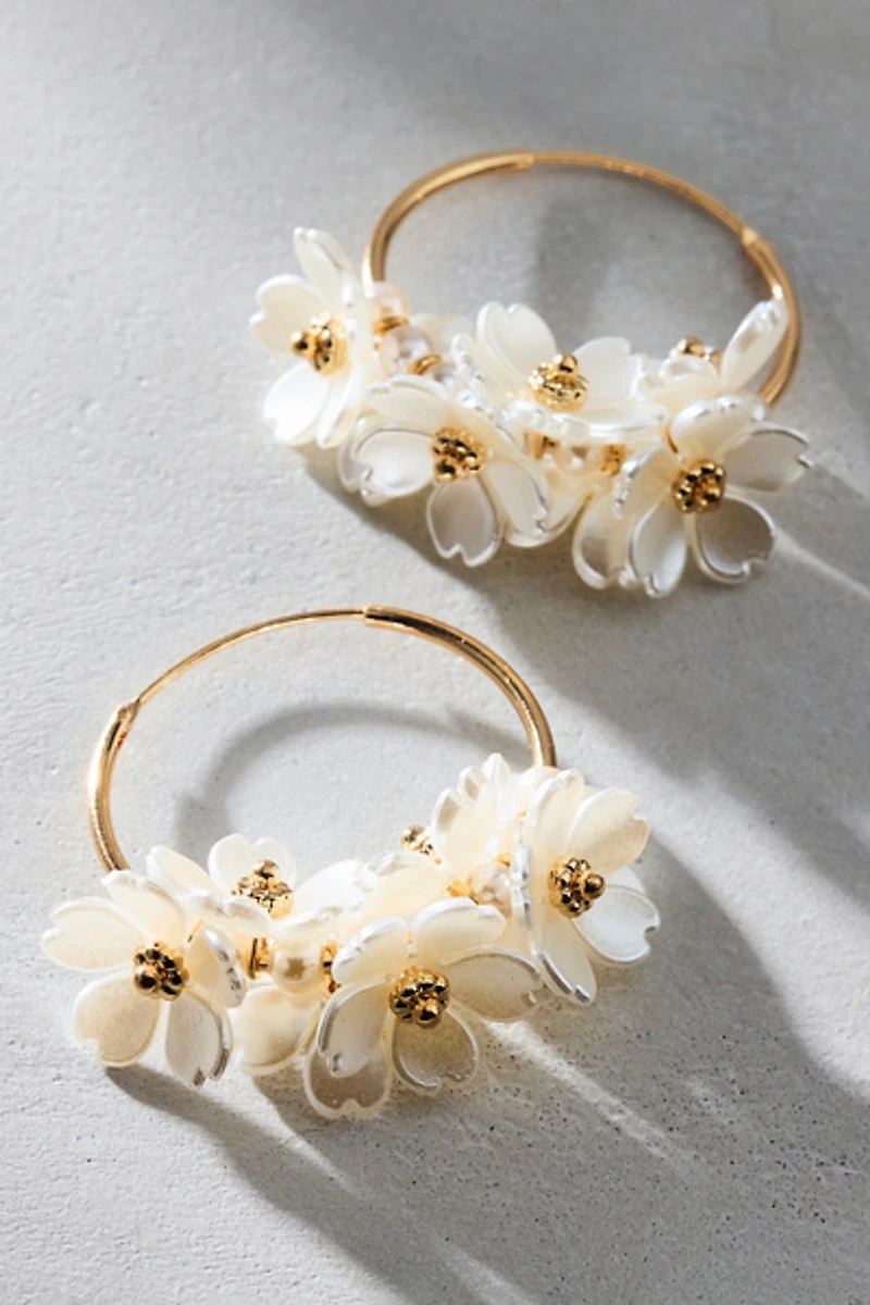 Pearl Bouquet Flower Charm Hoop Earrings