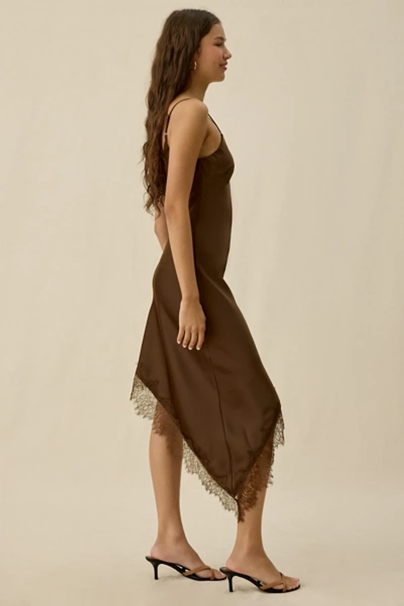 Kiss The Sky Jazmin Asymmetric Lace Trim Slip Midi Dress
