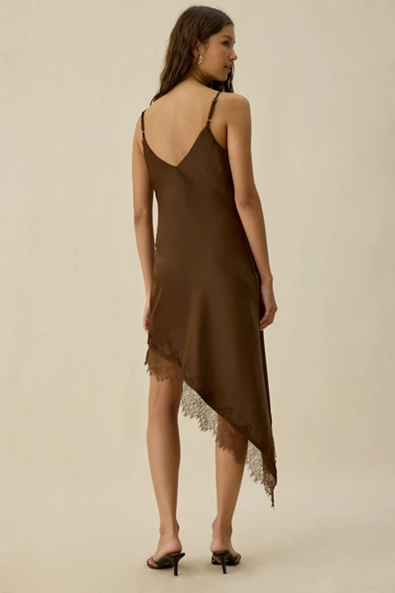 Kiss The Sky Jazmin Asymmetric Lace Trim Slip Midi Dress