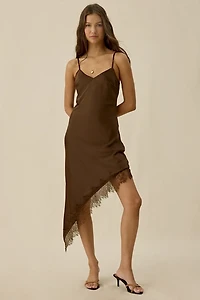 Kiss The Sky Jazmin Asymmetric Lace Trim Slip Midi Dress