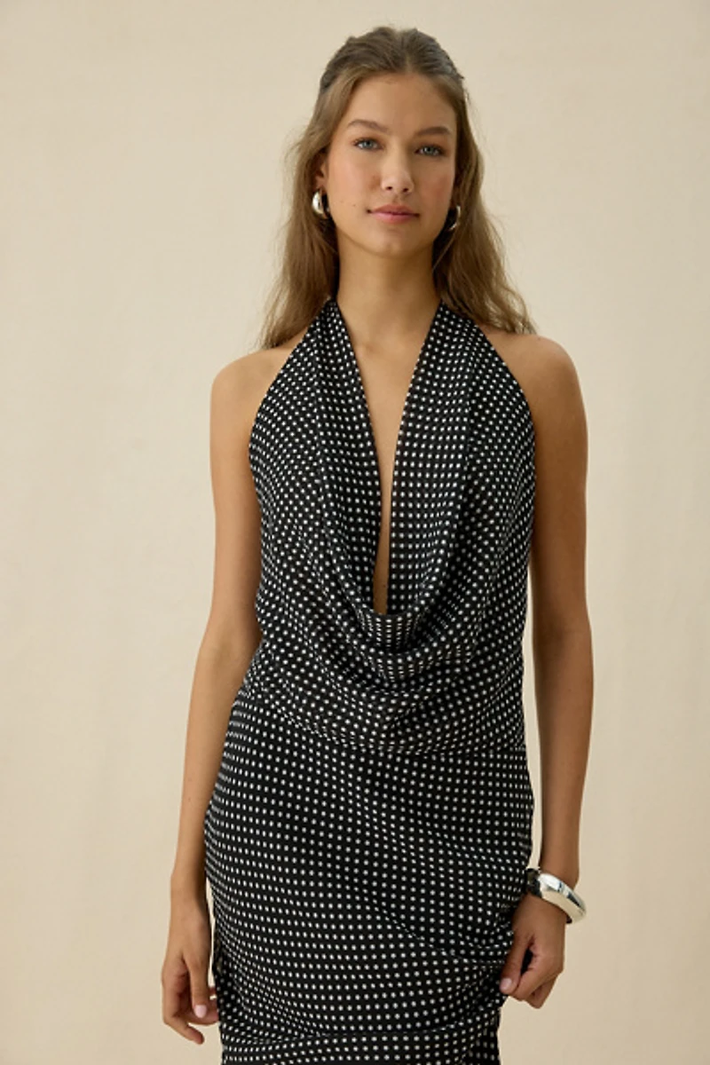 Kiss The Sky Sirena Plunging Cowl Neck Polka Dot Maxi Dress