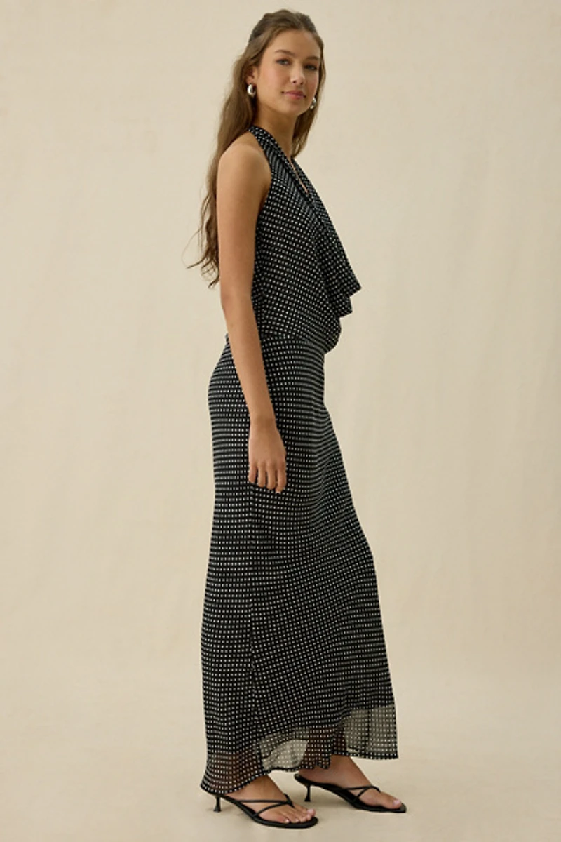 Kiss The Sky Sirena Plunging Cowl Neck Polka Dot Maxi Dress