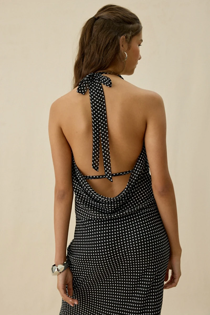 Kiss The Sky Sirena Plunging Cowl Neck Polka Dot Maxi Dress
