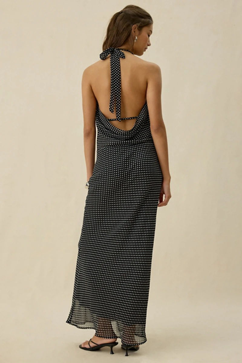 Kiss The Sky Sirena Plunging Cowl Neck Polka Dot Maxi Dress