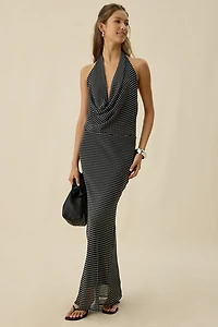 Kiss The Sky Sirena Plunging Cowl Neck Polka Dot Maxi Dress