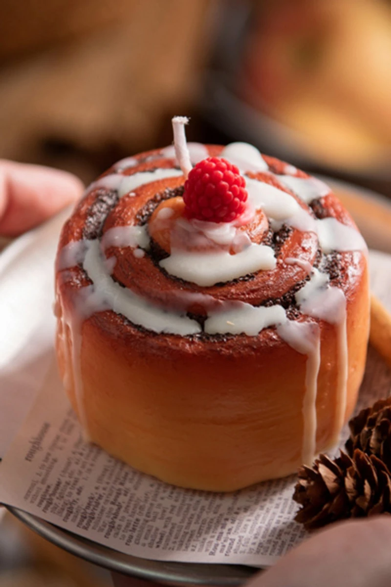 Southlake Gifts Cinnamon Roll Candle With Raspberry Topper And Frosting