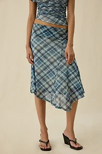Kiss The Sky Jeanie Asymmetric Hanky Hem Mesh Midi Skirt