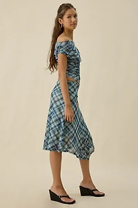Kiss The Sky Jeanie Asymmetric Hanky Hem Mesh Midi Skirt