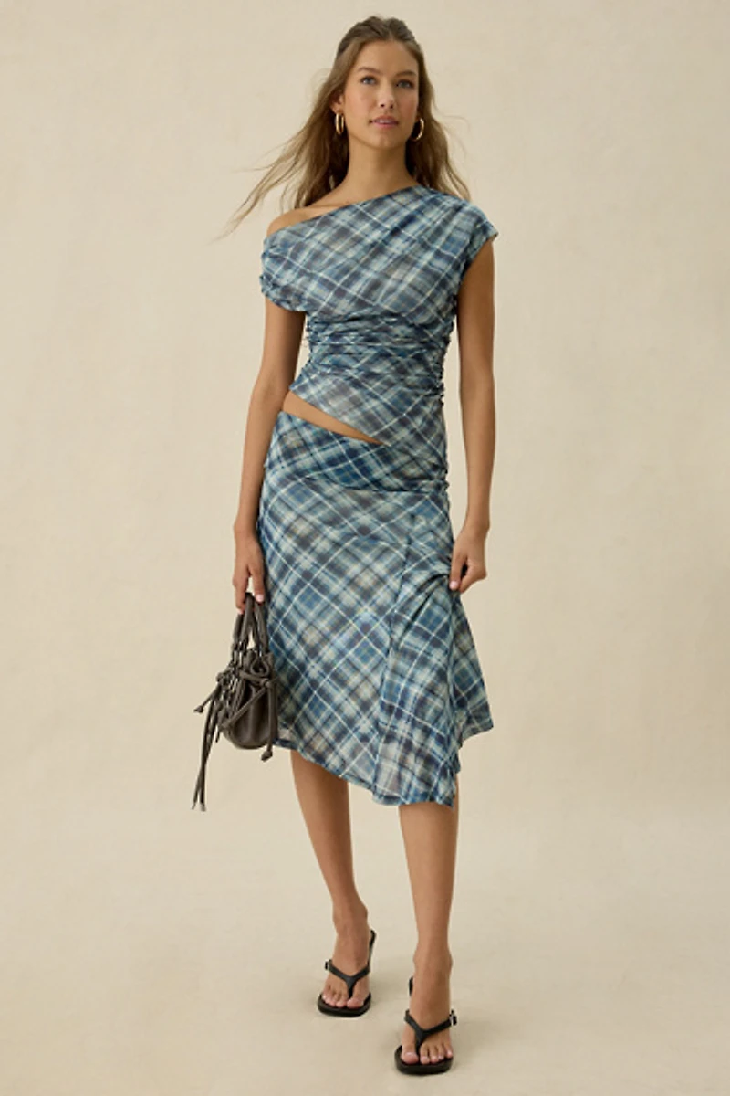 Kiss The Sky Jeanie Asymmetric Hanky Hem Mesh Midi Skirt
