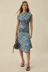 Kiss The Sky Jeanie Asymmetric Hanky Hem Mesh Midi Skirt