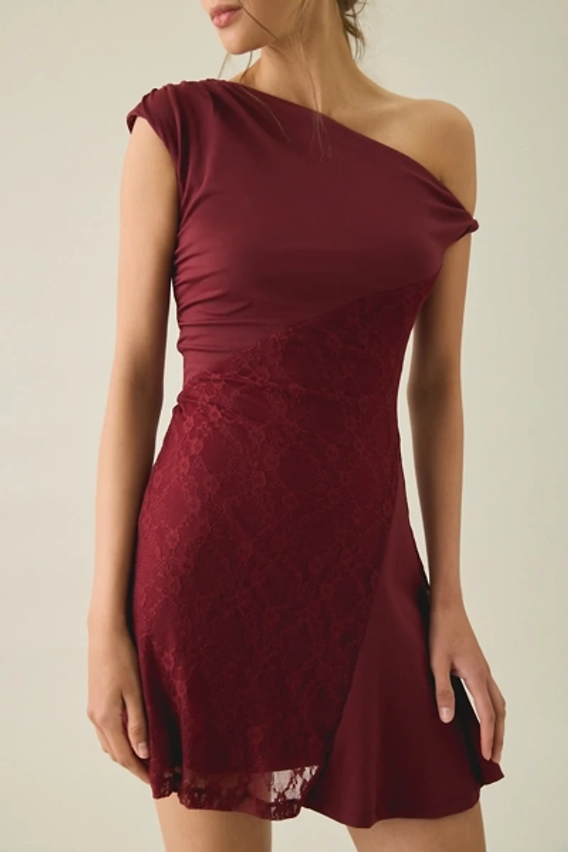 Kiss The Sky Astrid Spliced Lace Asymmetric One-Shoulder Mini Dress