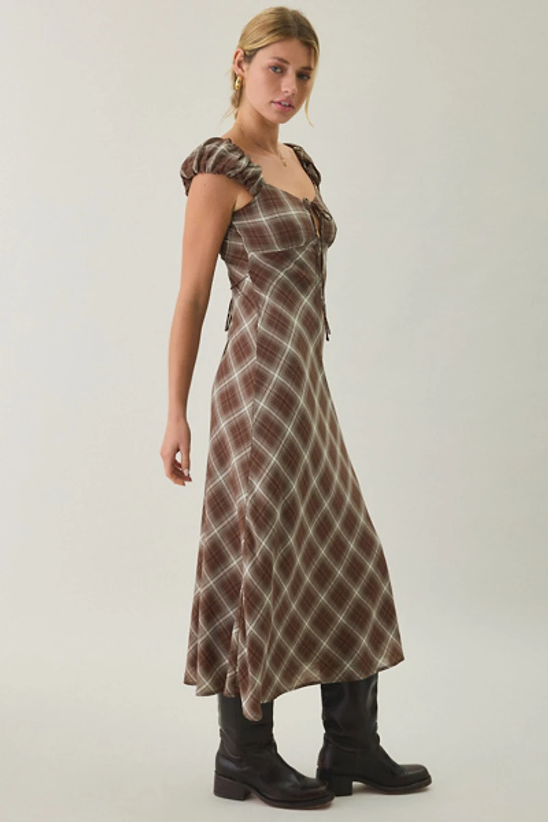 Kiss The Sky Amelia Puff Sleeve Plaid Midi Dress