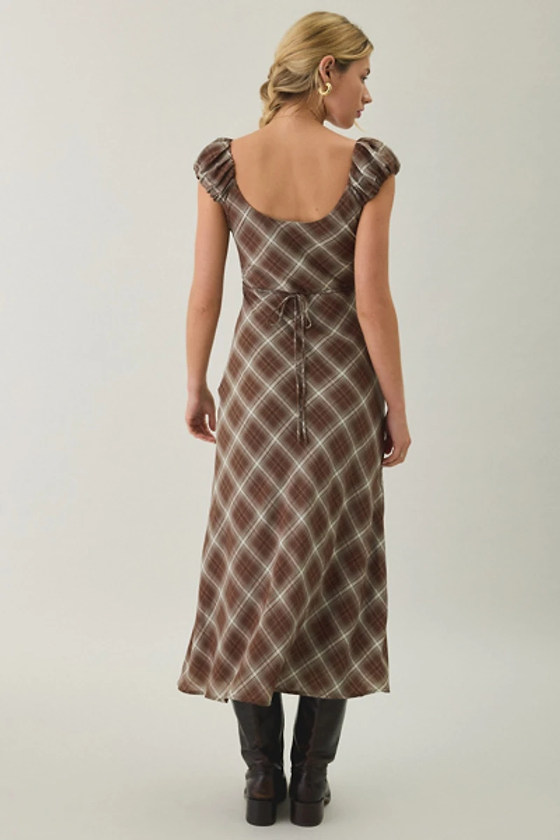 Kiss The Sky Amelia Puff Sleeve Plaid Midi Dress