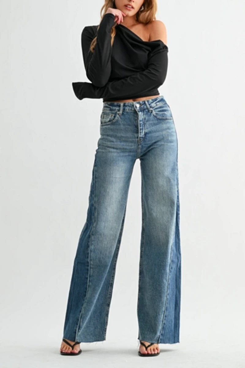Jemina Denim High Rise Wide Two-Tone Contrast Jean