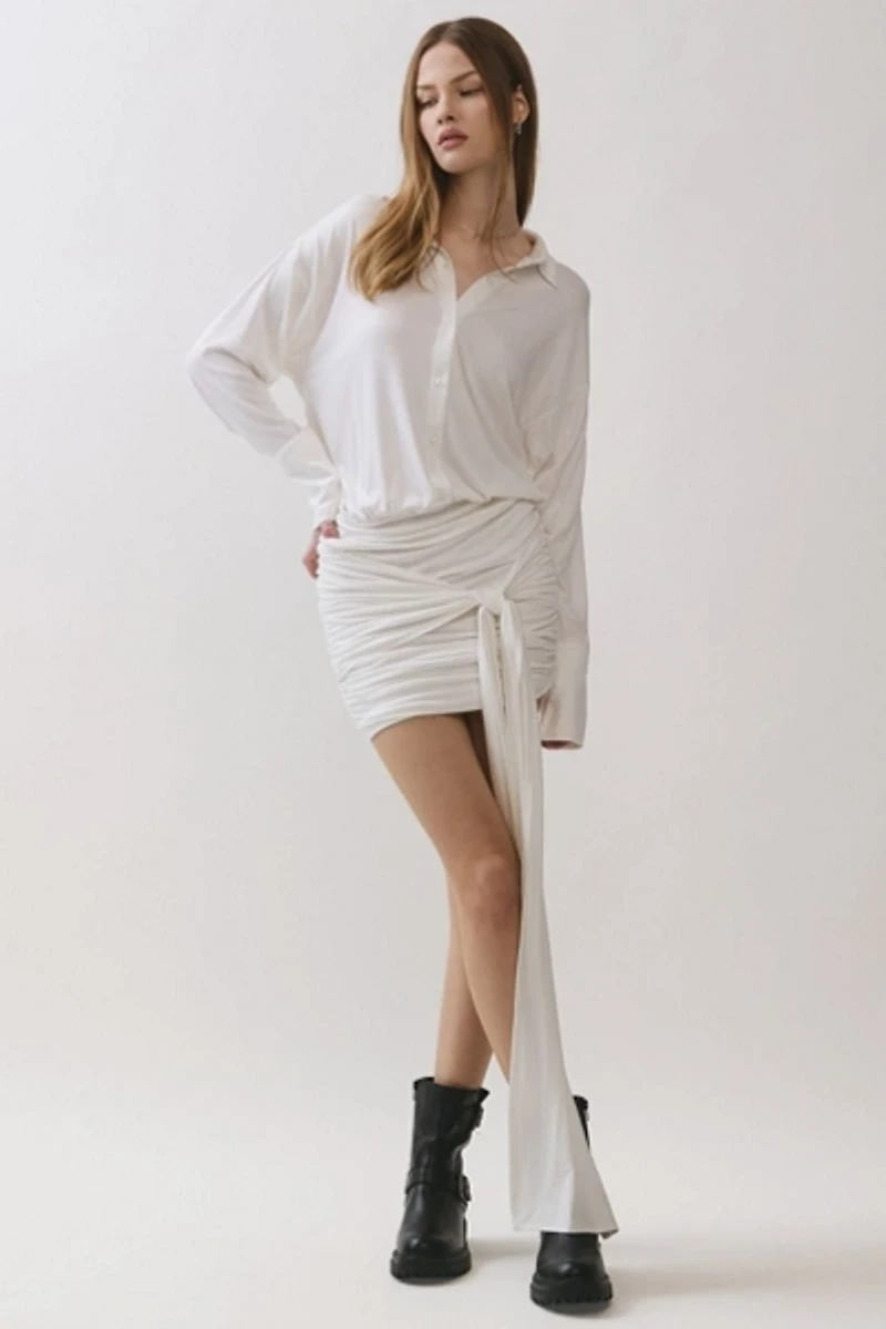 Personal Code Athena Button Down Mini Dress With Drape Tie