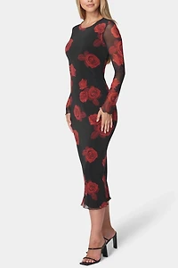 Bebe Long Sleeve Printed Floral Powermesh Maxi