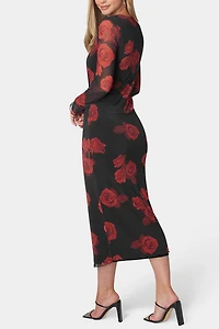Bebe Long Sleeve Printed Floral Powermesh Maxi