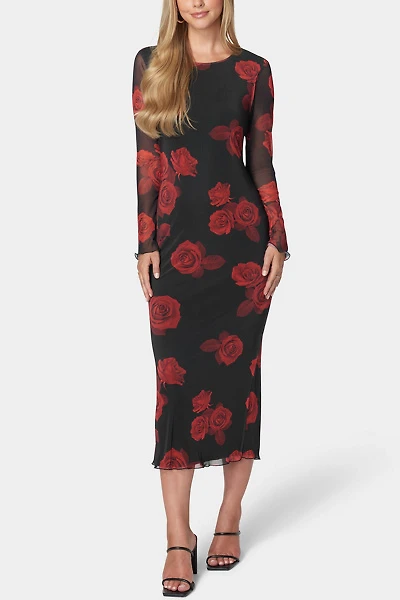 Bebe Long Sleeve Printed Floral Powermesh Maxi