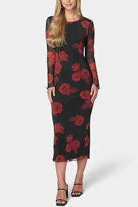 Bebe Long Sleeve Printed Floral Powermesh Maxi