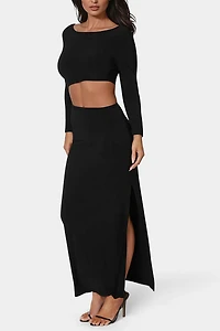 Bebe Asymmetrical Cut Out Long Sleeve Maxi Dress