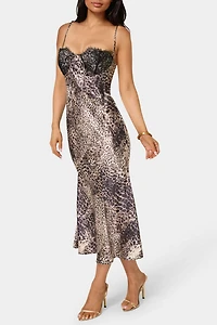 Bebe Satin Leopard Midi Dress