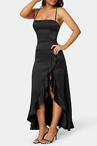 Bebe Satin Ruffle Maxi Lace Up Back Dress