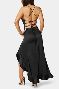 Bebe Satin Ruffle Maxi Lace Up Back Dress
