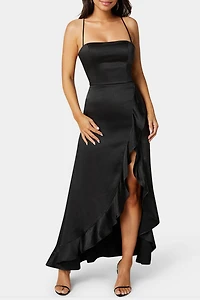 Bebe Satin Ruffle Maxi Lace Up Back Dress