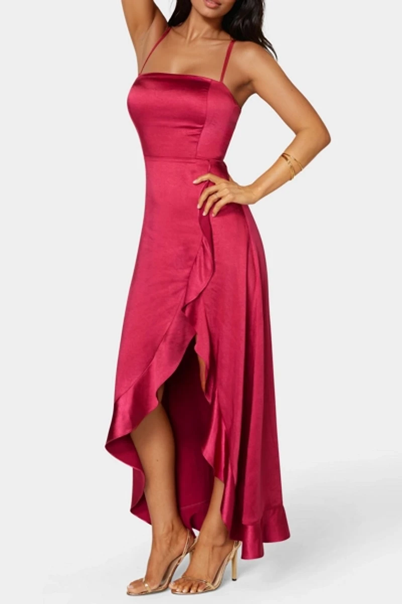 Bebe Satin Ruffle Maxi Lace Up Back Dress