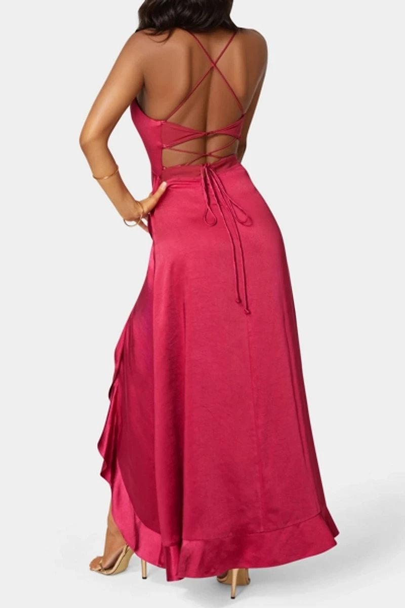 Bebe Satin Ruffle Maxi Lace Up Back Dress