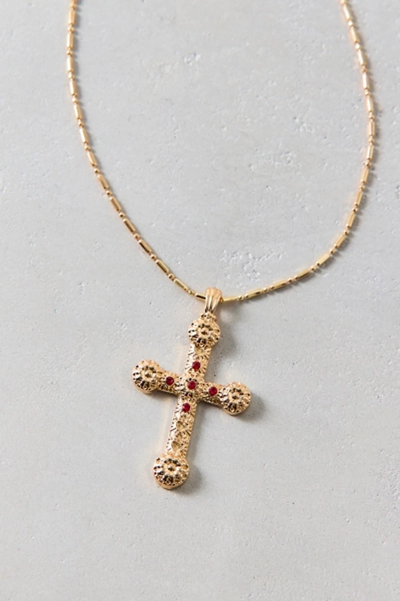Gem Inset Cross Pendant Necklace