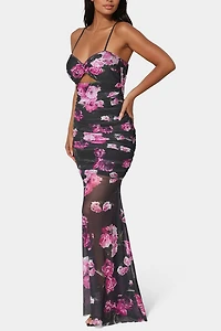 Bebe Twist Front Mermaid Floral Mesh Gown