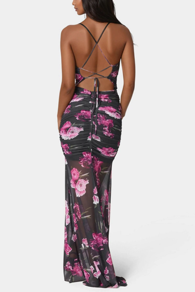Bebe Twist Front Mermaid Floral Mesh Gown
