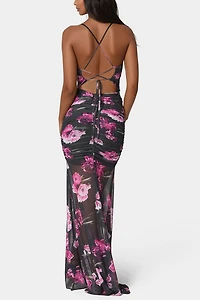 Bebe Twist Front Mermaid Floral Mesh Gown
