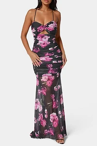 Bebe Twist Front Mermaid Floral Mesh Gown