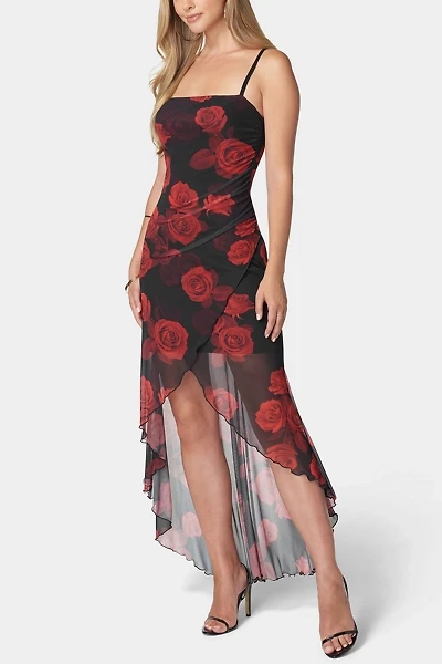 Bebe Hi-Low Rose Printed Tube Dress