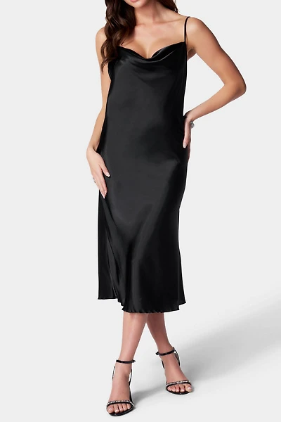Bebe Satin Cowl Neck Midi Slip Dress
