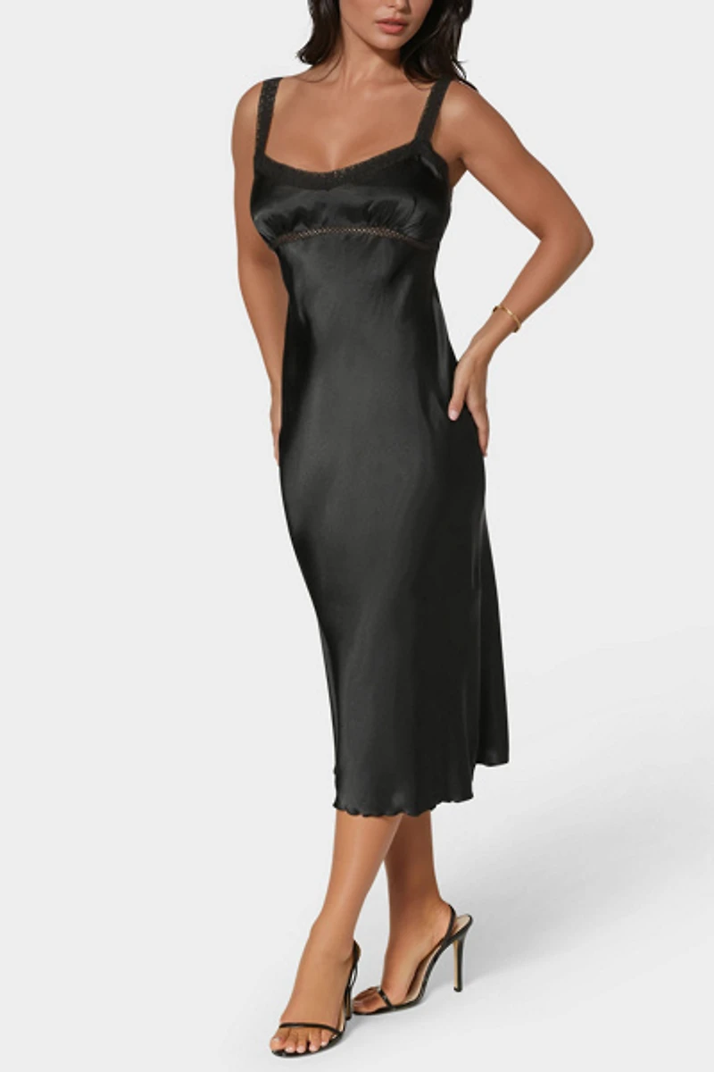 Bebe Satin Lace Trim Midi Dress