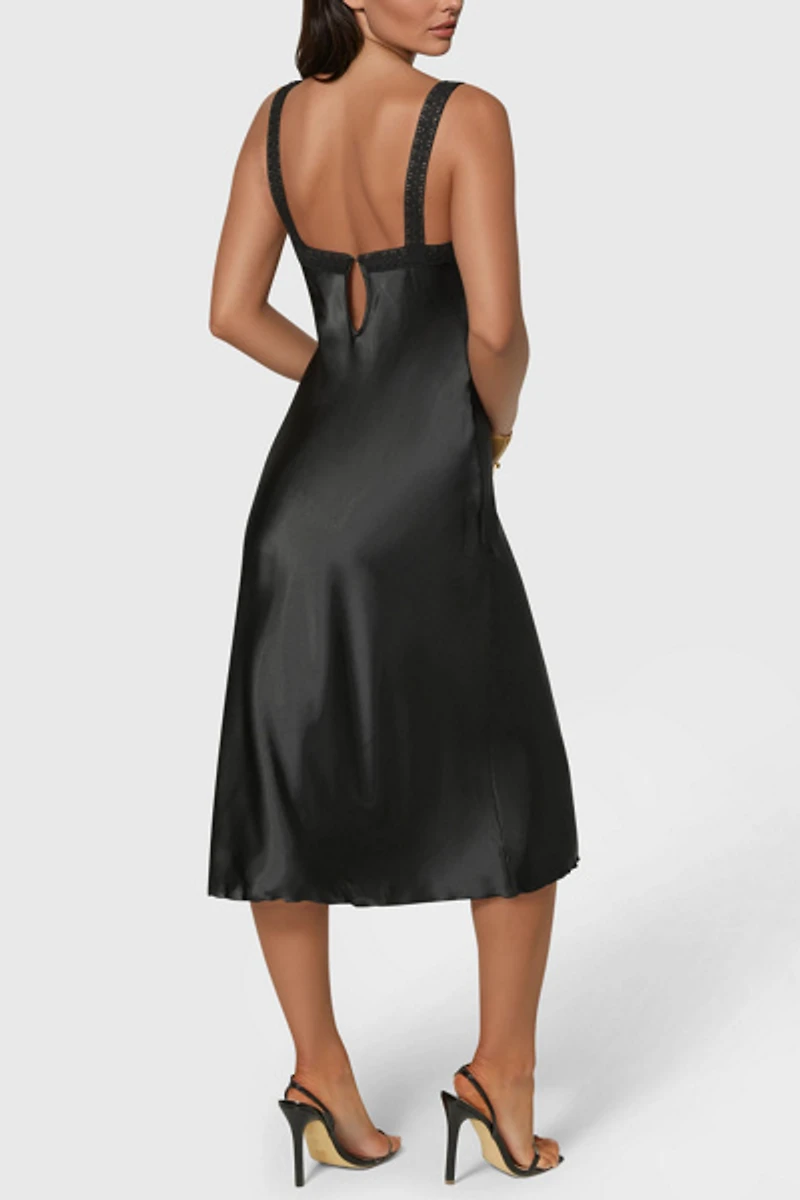 Bebe Satin Lace Trim Midi Dress