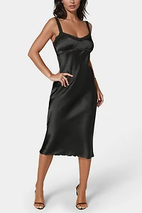 Bebe Satin Lace Trim Midi Dress