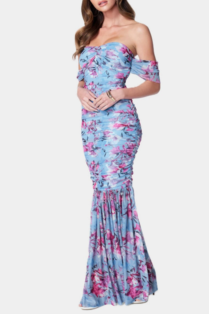 Bebe Off Shoulder Ruched Floral Mesh Gown