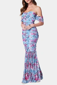 Bebe Off Shoulder Ruched Floral Mesh Gown