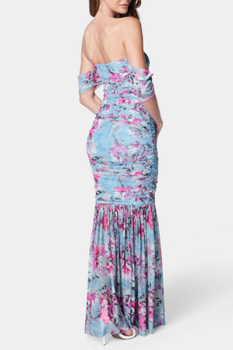 Bebe Off Shoulder Ruched Floral Mesh Gown