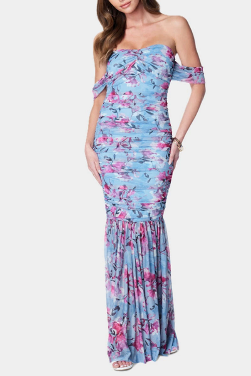 Bebe Off Shoulder Ruched Floral Mesh Gown