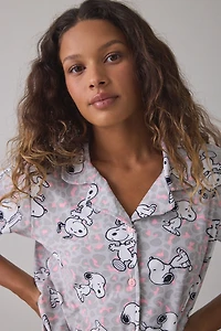 Snoopy Pastel Cheetah Print Notch Collar Short Sleeve Top + Pants 2-Piece PJ Set