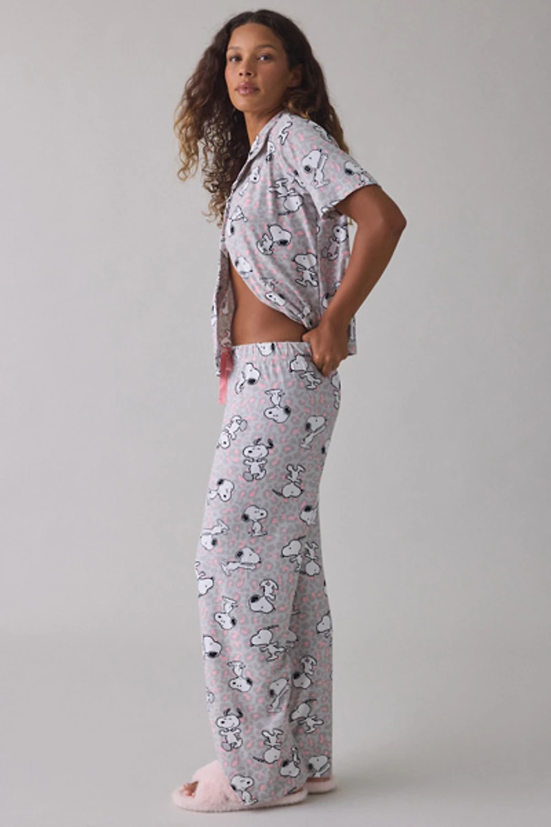 Snoopy Pastel Cheetah Print Notch Collar Short Sleeve Top + Pants 2-Piece PJ Set